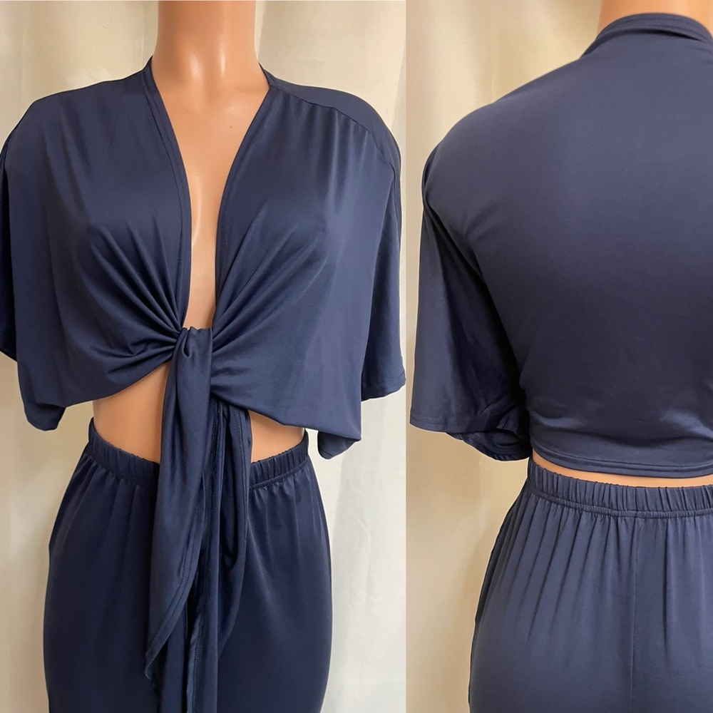 Stylish Navy Tie-Front 2-pc Pants Set